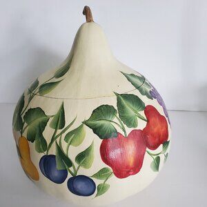 Vintage Large Gourd, Hand Painted Fruit Design, Removable Top, 12 in. x 12 in.